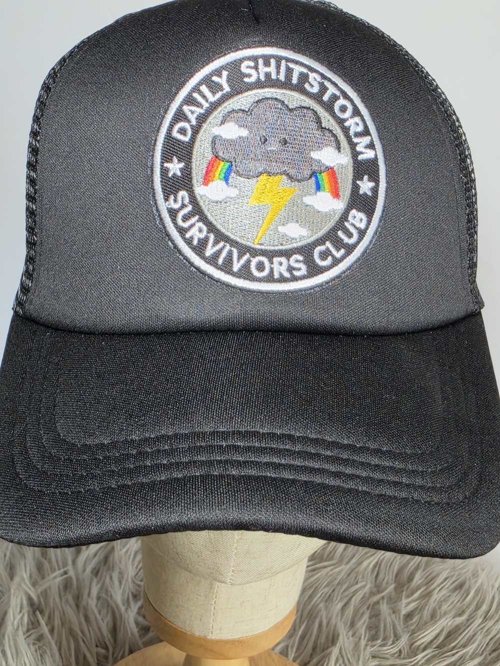 90s Inspired Woman's Black Trucker Hat with Funny Patchwork